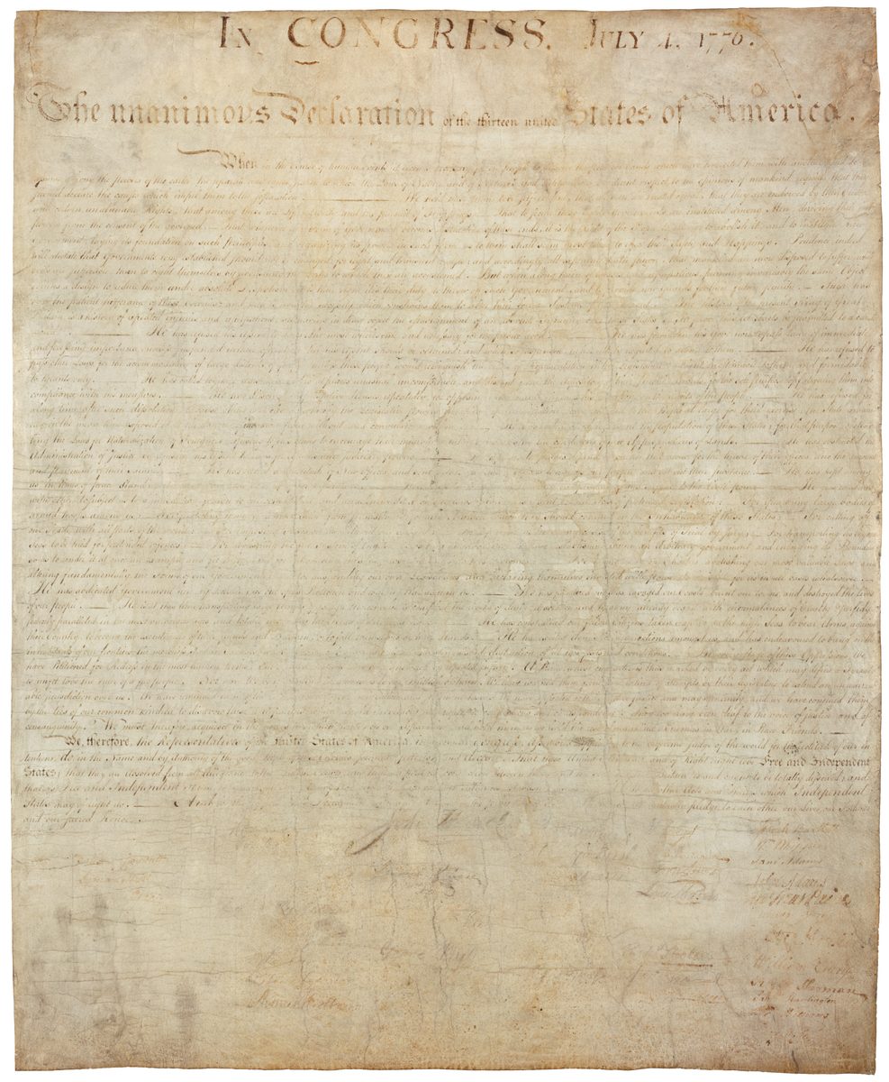 The original engrossed Declaration of Independence, adopted July 4, 1776