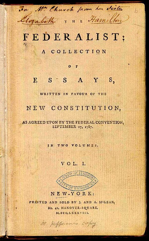 Title page of the first volume of The Federalist, New York, 1788