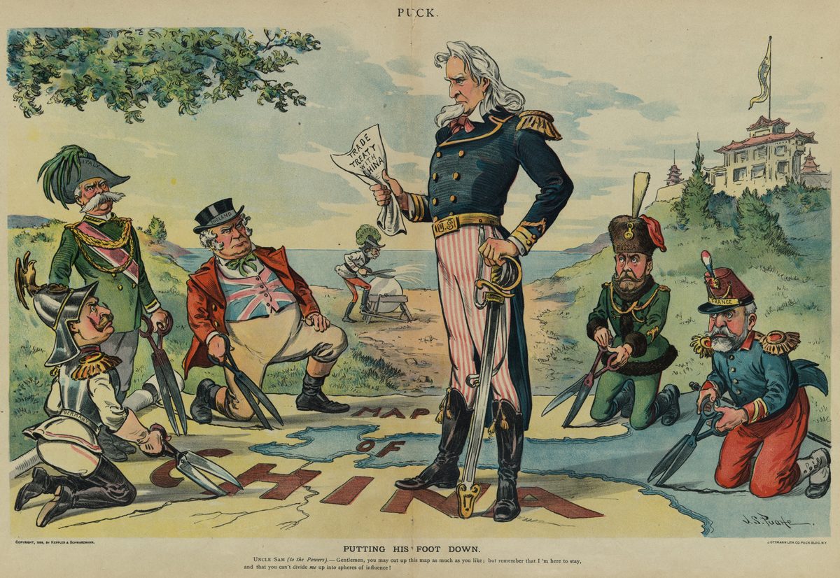 1899 Puck cartoon, “Putting His Foot Down” — Uncle Sam refusing to let the great powers carve China into spheres of influence