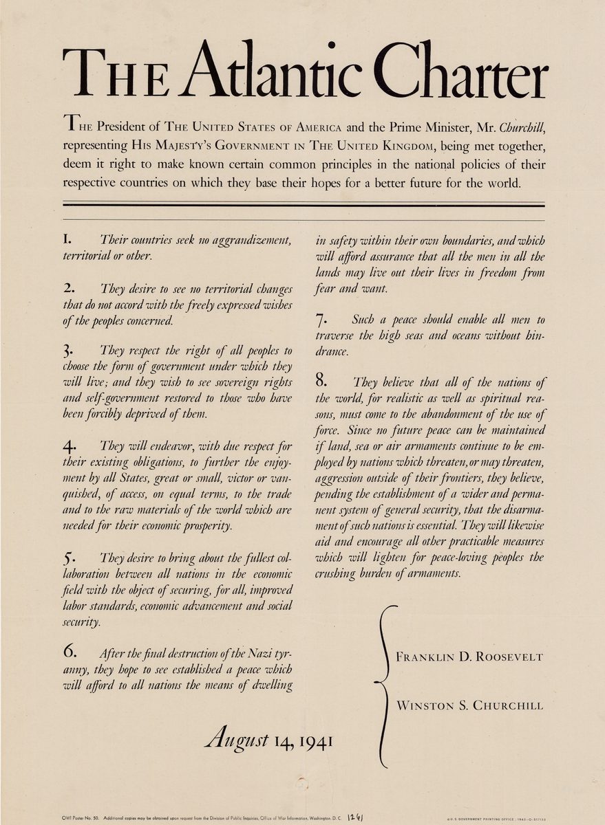 Printed poster of the Atlantic Charter, August 14, 1941