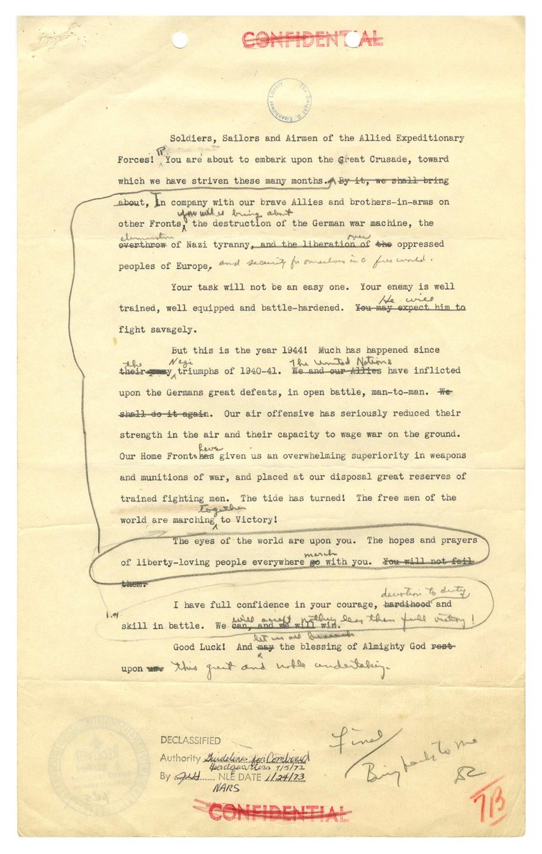 Eisenhower’s typed Order of the Day with his handwritten edits