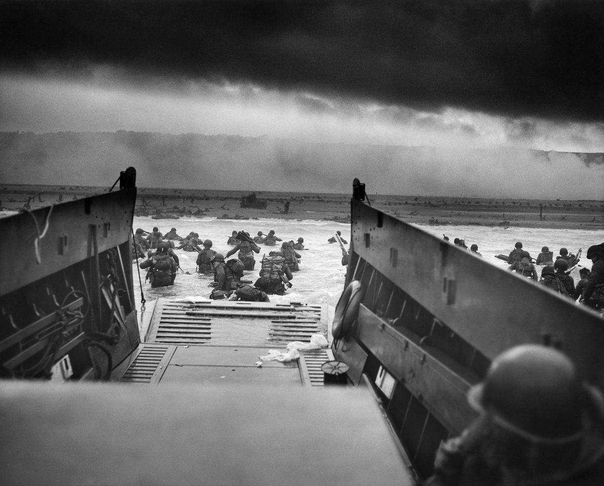 American troops wading ashore from a landing craft on D-Day, June 6, 1944