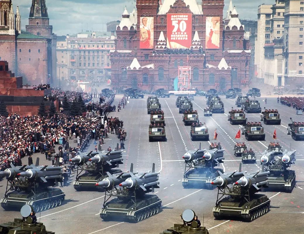 Soviet missile launchers in a military parade through Red Square, Moscow