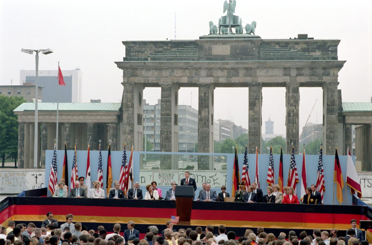 President Reagan speaking at the Brandenburg Gate, June 12, 1987