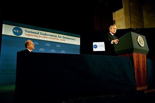 President George W. Bush speaking at the National Endowment for Democracy's 20th anniversary, November 2003