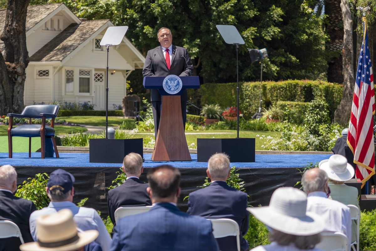 Secretary of State Mike Pompeo speaking at the Richard Nixon Presidential Library, July 2020